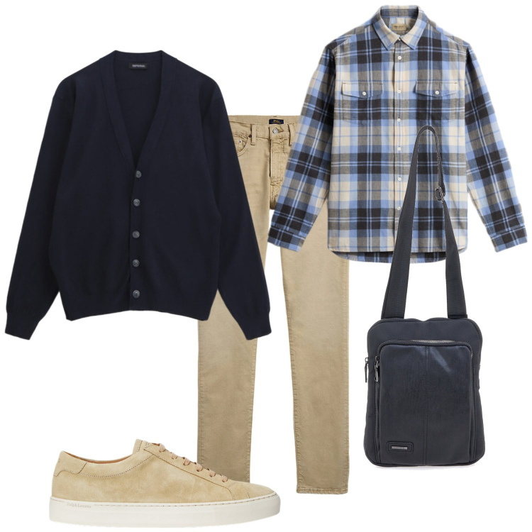 Outfit uomo - Camicia e cardigan. Stile Casual per Tutti i giorni. Abbinamento con cardigans, jeans, sneakers, camicie, portafogli.