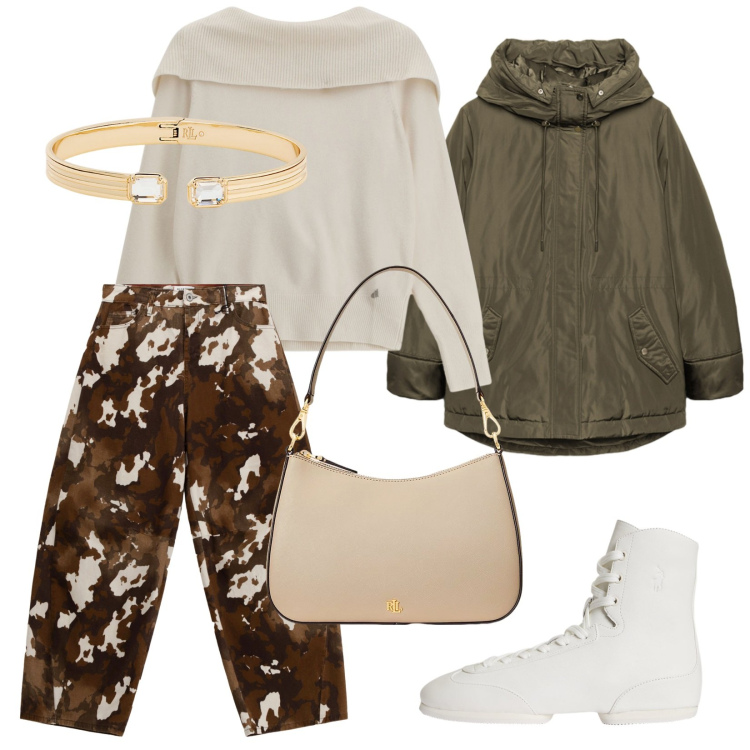 Outfit donna - Total look #2283193. Stile Casual per Tutti i giorni. Abbinamento con pantaloni a palazzo, maglieria, borse a spalla, stivaletti, braccialetti, eskimo.