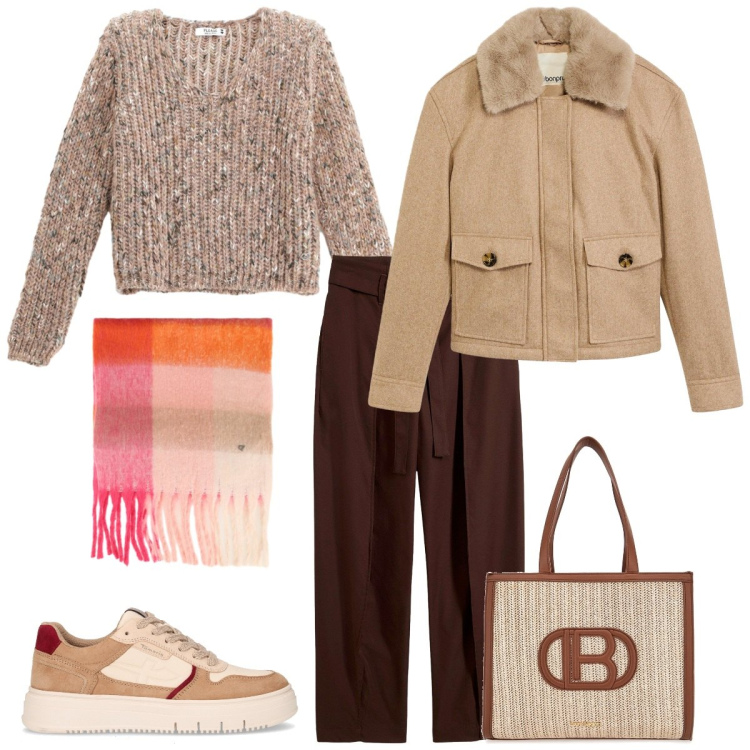 Outfit donna - Shopping con le amiche. Stile Casual per Tutti i giorni. Abbinamento con piumini, pantaloni, maglieria, sciarpe, borse a spalla, sneakers.