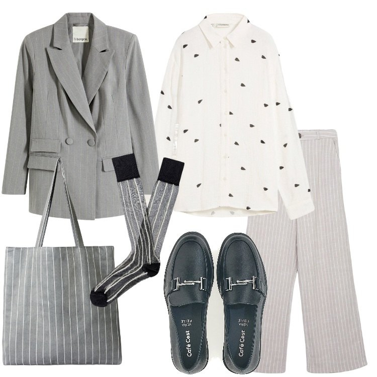 Outfit donna - Lines of Style. Stile Trendy per Scuola/Università. Abbinamento con camicie, blazer, shopping bag, pantaloni, mocassini, calzini.