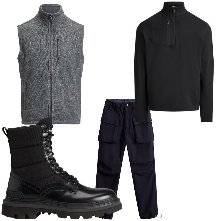 Outfit uomo - Casual. Stile Casual per Tutti i giorni. Abbinamento con gilet, pullovers, pantaloni, anfibi.