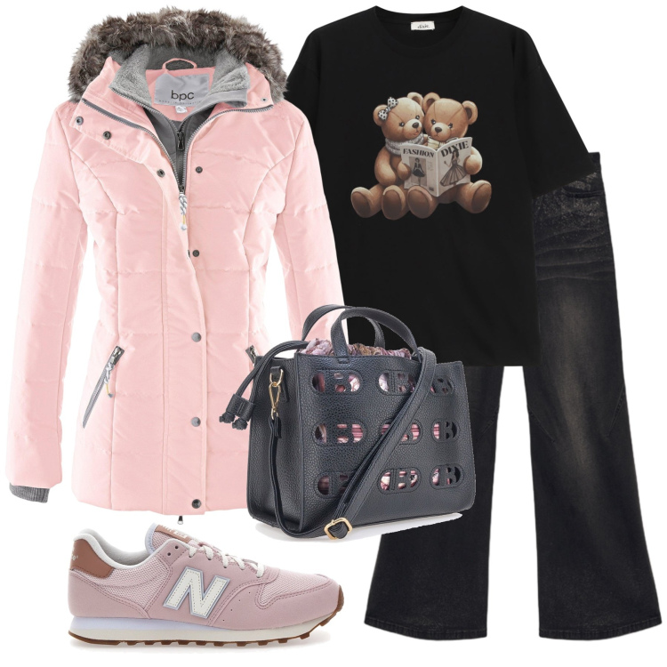 Outfit donna - Total look #2283201. Stile Casual chic per Tutti i giorni. Abbinamento con piumini, t-shirt, borse a mano, sneakers, jeans.