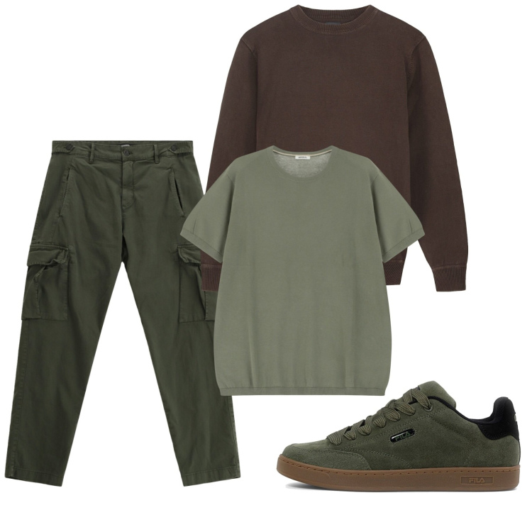 Outfit uomo - Weekend in città. Stile Trendy per Tutti i giorni. Abbinamento con t-shirt, pantaloni cargo, sneakers, maglieria.