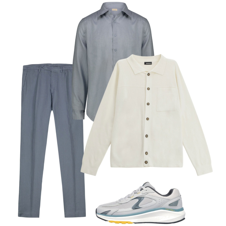 Outfit uomo - L’eleganza del grigio. Stile Casual per Tutti i giorni. Abbinamento con cardigans, sneakers, camicie, pantaloni.
