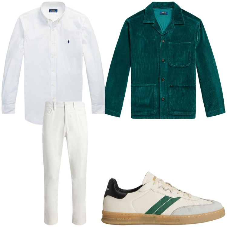 Outfit uomo - Bianco e verde. Stile Casual per Tutti i giorni. Abbinamento con pantaloni, giacche, camicie, sneakers.