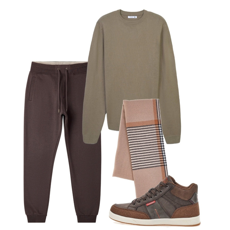 Outfit uomo - Serata al pub. Stile Casual per Serata speciale. Abbinamento con pantaloni, maglieria, sciarpe, sneakers alte.