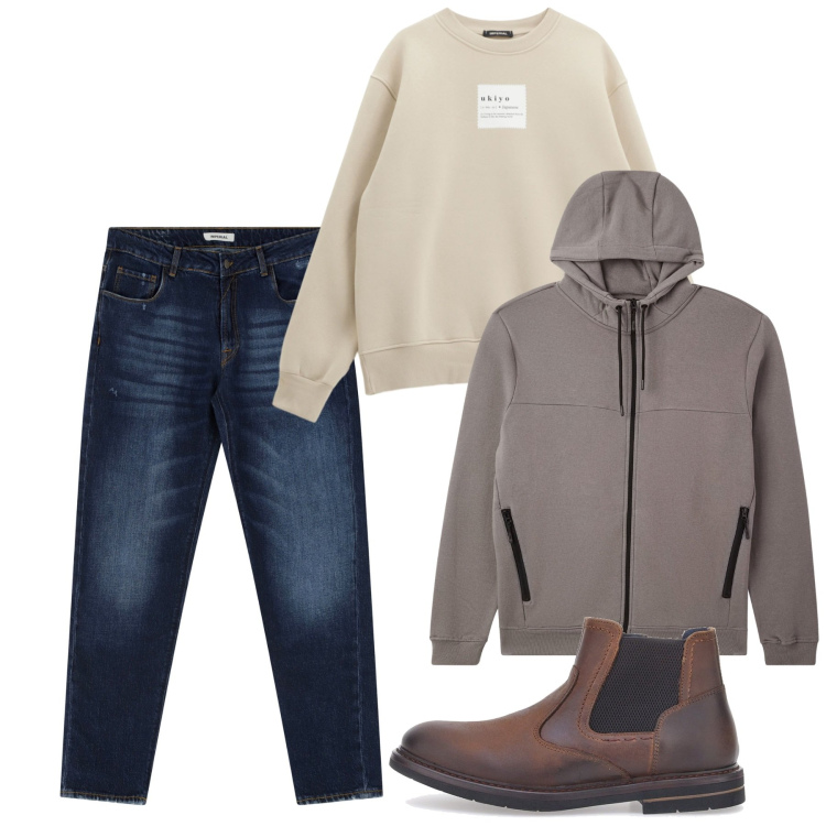 Outfit uomo - Serata al pub. Stile Casual per Serata speciale. Abbinamento con felpe con cappuccio, jeans dritti, felpe, stivali e stivaletti.