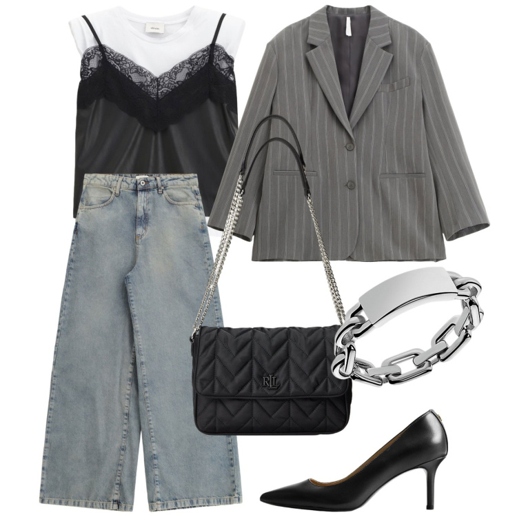 Outfit donna - Lines of Style. Stile Chic per Serata fuori. Abbinamento con blazer, jeans, top, anelli, décolleté, borse a tracolla.