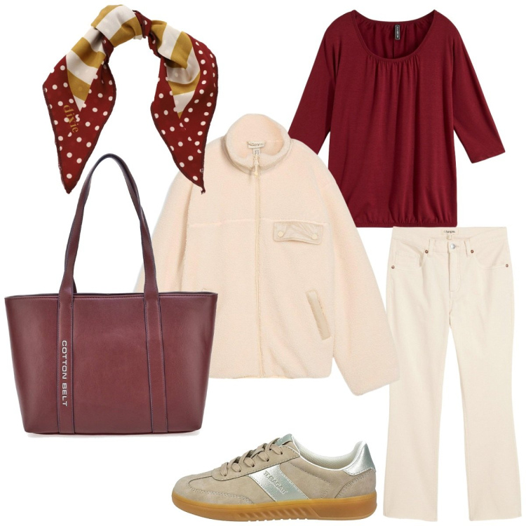 Outfit donna - E che bordoux sia. Stile Casual per Tutti i giorni. Abbinamento con jeans a zampa, caban, maglieria, foulard, sneakers, shopping bag.