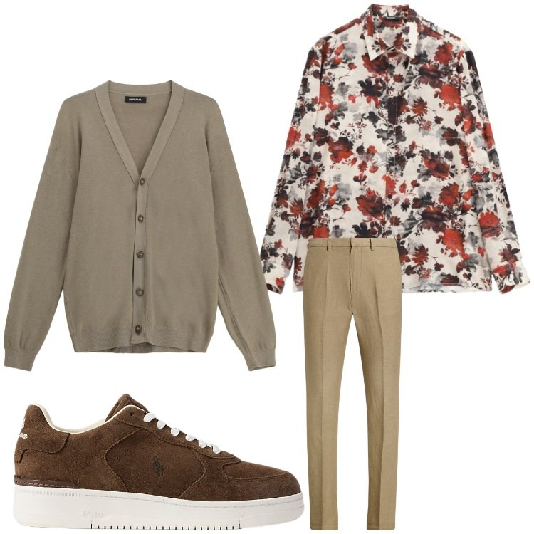 Outfit uomo - Fiori. Stile Casual per Tutti i giorni. Abbinamento con camicie, cardigans, sneakers, pantaloni.