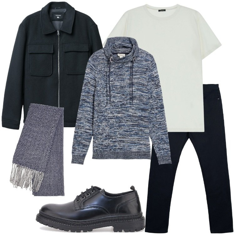 Outfit uomo - Weekend in città. Stile Trendy per Tutti i giorni. Abbinamento con maglieria, pantaloni skinny, cappotti, t-shirt, sciarpe, scarpe stringate.