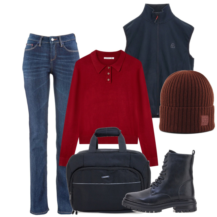 Outfit donna - Novembre. Stile Basic per Tutti i giorni. Abbinamento con jeans dritti, polo, berretti, anfibi, borse a tracolla, gilet.