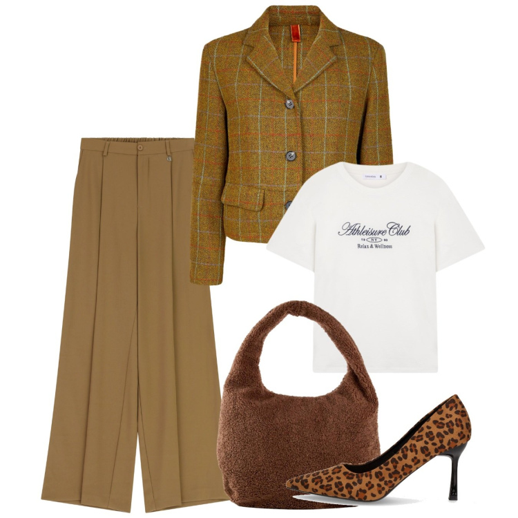 Outfit donna - Novembre. Stile Bon Ton per Ufficio. Abbinamento con shopping bag, t-shirt, pantaloni a palazzo, décolleté, blazer.