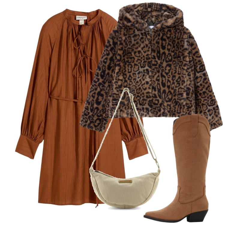 Outfit donna - Leo in autunno. Stile Chic per Tutti i giorni. Abbinamento con vestiti, stivali, ecopellicce, borse a tracolla.