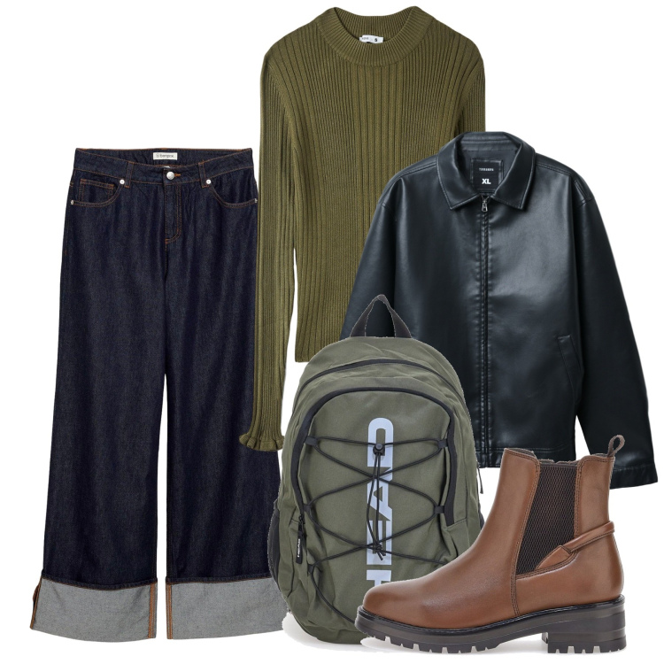 Outfit donna - Novembre all\'università. Stile Casual per Scuola/Università. Abbinamento con jeans, giacche, maglieria, stivaletti chelsea, zaini.