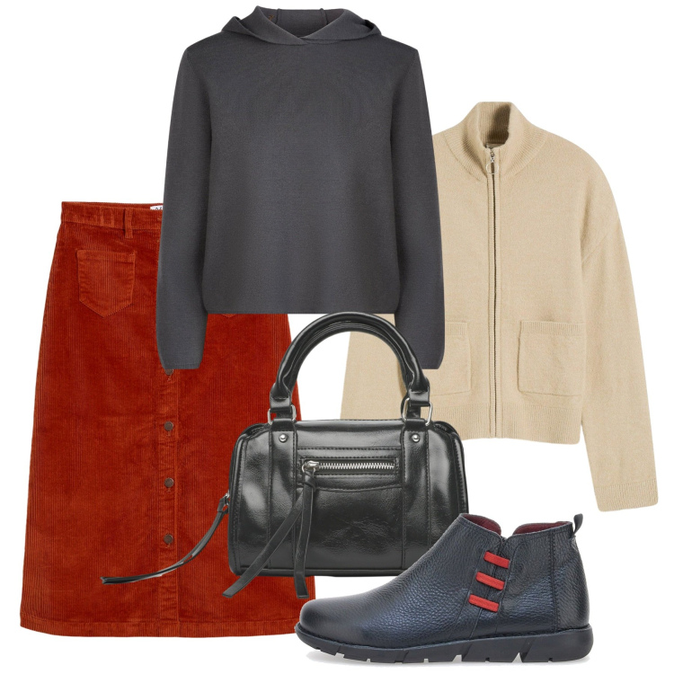 Outfit donna - Commissioni. Stile Bon Ton per Tutti i giorni. Abbinamento con gonne longuette, cardigans, borse a mano, maglieria, stivaletti.