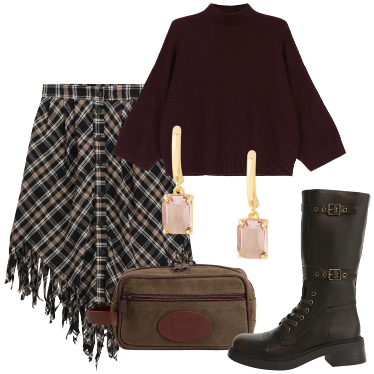 Outfit donna - Asimmetrie di novembre. Stile Bon Ton per Tutti i giorni. Abbinamento con stivali, maglieria, gonne longuette, orecchini, valigie.