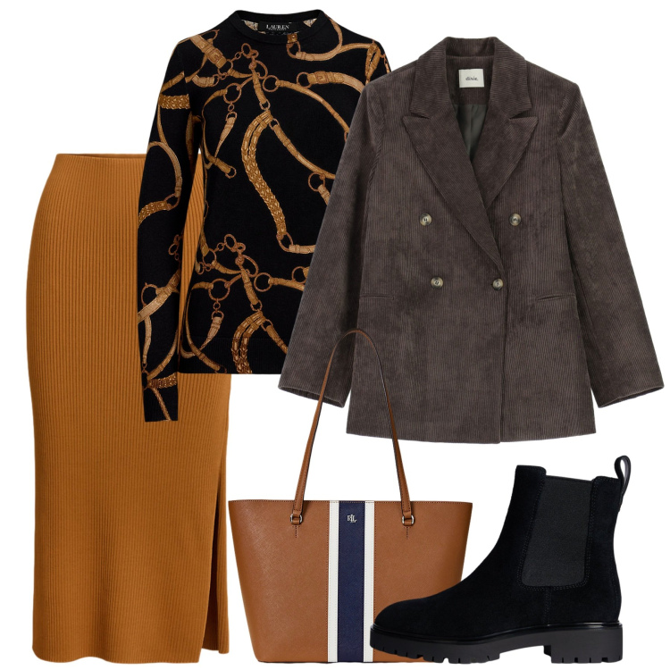 Outfit donna - Capospalla doppiopetto. Stile Bon Ton per Serata fuori. Abbinamento con blazer, maglieria, gonne, stivaletti chelsea, borse tote.