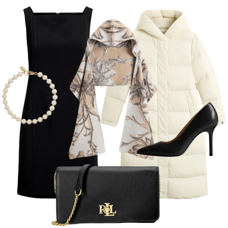 Outfit donna - Tubino e stola. Stile Chic per Serata fuori. Abbinamento con vestiti senza maniche, borse a mano, décolleté, braccialetti, piumini, sciarpe.