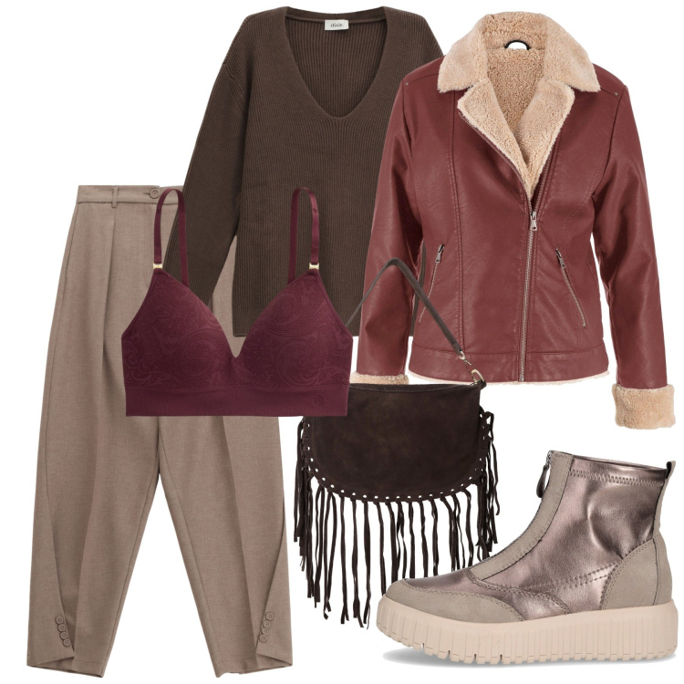 Outfit donna - Prepararsi al freddo. Stile Basic per Tutti i giorni. Abbinamento con bomber, pantaloni, borse a tracolla, maglieria, reggiseni, stivaletti chelsea.