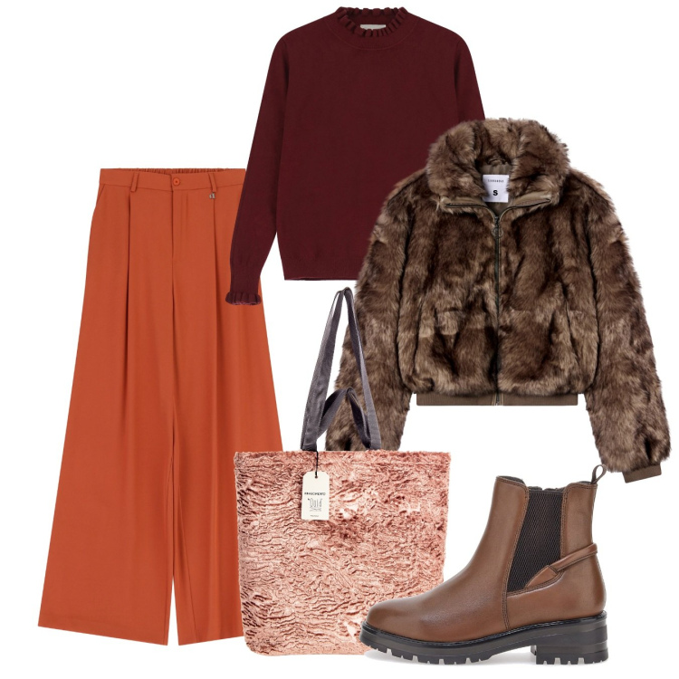 Outfit donna - Tenerezza peluche. Stile Bon Ton per Tutti i giorni. Abbinamento con borse tote, ecopellicce, maglieria, pantaloni a palazzo, stivaletti chelsea.