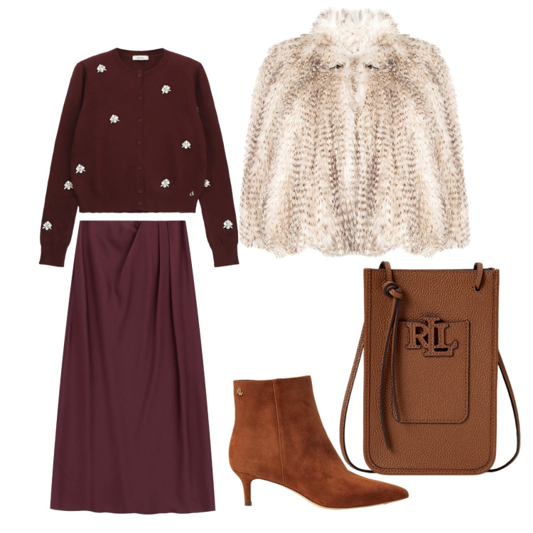 Outfit donna - Total look #2283267. Stile Casual chic per Tutti i giorni. Abbinamento con ecopellicce, gonne lunghe, cardigans, borse a tracolla, stivaletti.