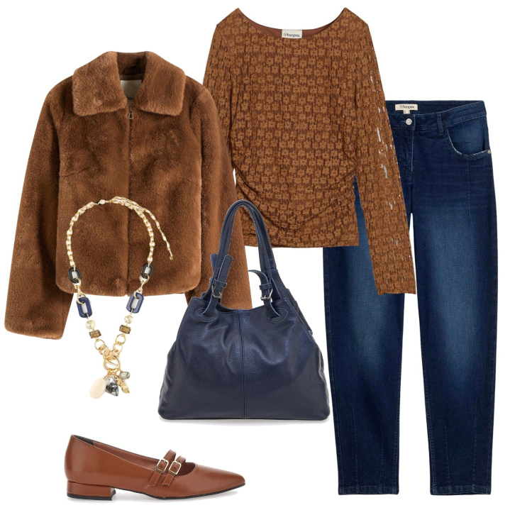 Outfit donna - I jeans barrel. Stile Bon Ton per Tutti i giorni. Abbinamento con maglieria, ecopellicce, jeans, ballerine, collane, borse a spalla.