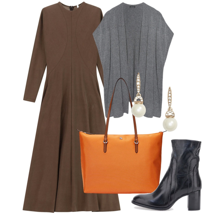 Outfit donna - Grace inside. Stile Chic per Ufficio. Abbinamento con vestiti lunghi, borse tote, orecchini, stivaletti, gilet.