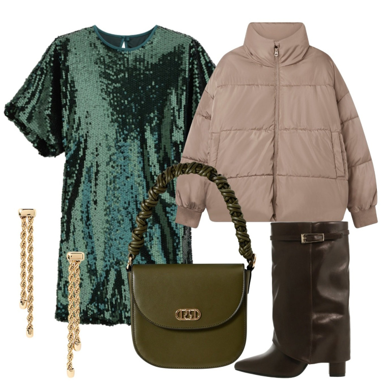 Outfit donna - Serata lamè. Stile Chic per Serata fuori. Abbinamento con vestiti corti, borse a mano, bomber, stivali, orecchini.