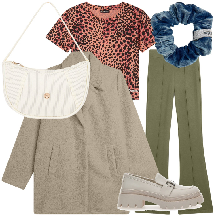 Outfit donna - Lunedì in Freddy. Stile Trendy per Tutti i giorni. Abbinamento con t-shirt, pantaloni, cappotti, accessori per capelli, borse a mano, mocassini.