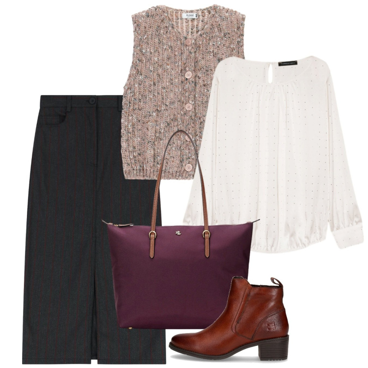 Outfit donna - Un accenno di spacco. Stile Bon Ton per Ufficio. Abbinamento con gilet, gonne longuette, borse tote, bluse, stivaletti.