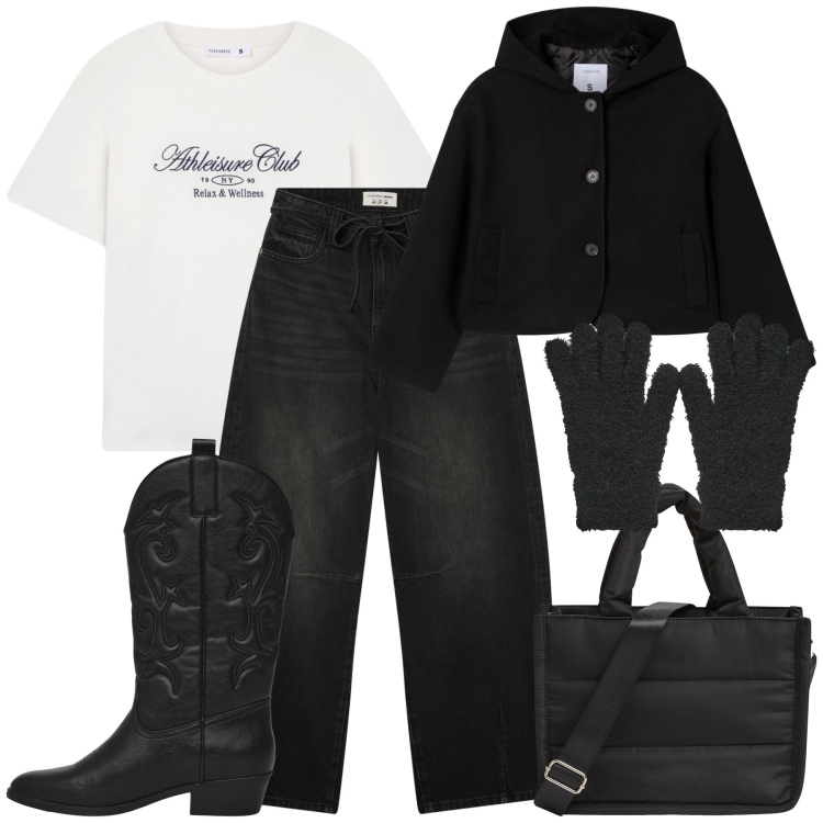 Outfit donna - Primo freddo con Terranova. Stile Urban per Ufficio. Abbinamento con shopping bag, caban, jeans, guanti, t-shirt, stivaletti texani.