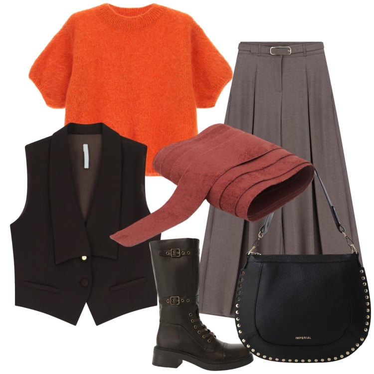 Outfit donna - Imperial in gilet. Stile Urban per Ufficio. Abbinamento con pantaloni a palazzo, cinture, gilet, maglieria, borse a spalla, stivali.