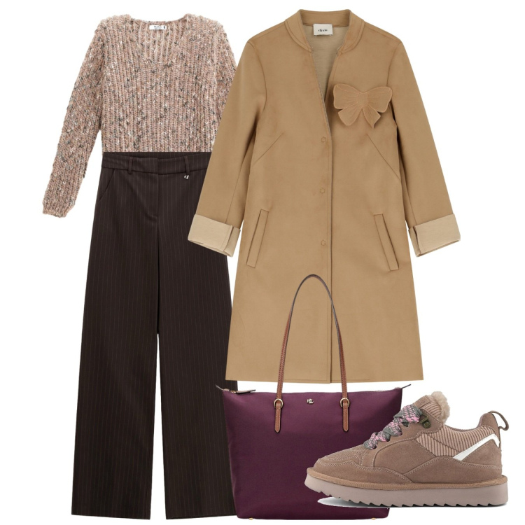 Outfit donna - Novembre. Stile Bon Ton per Tutti i giorni. Abbinamento con maglieria, cappotti, pantaloni a palazzo, borse tote, sneakers alte.