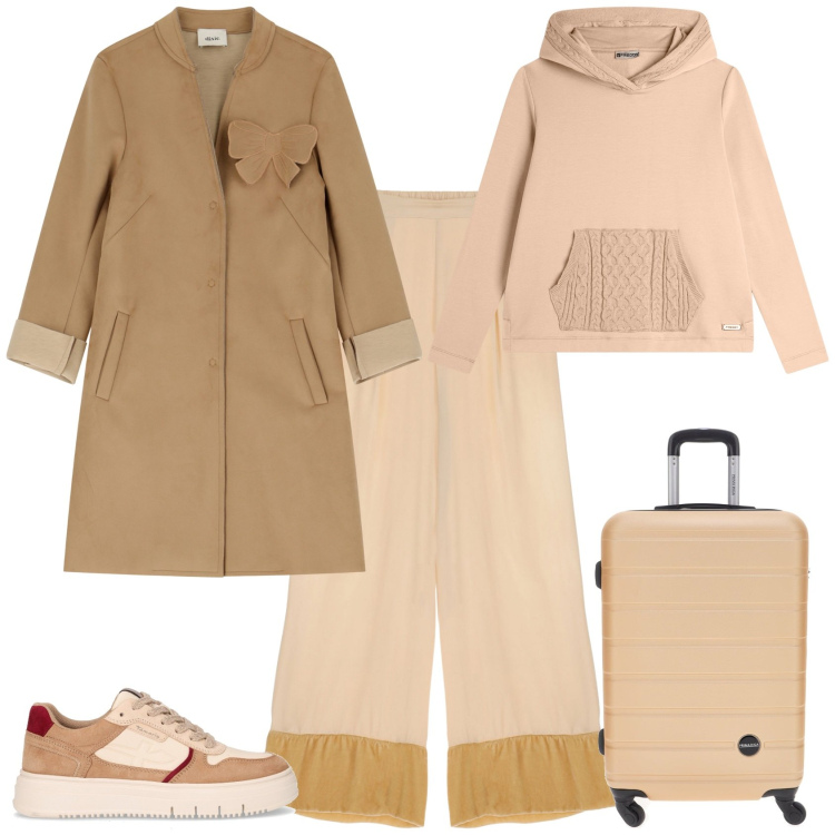 Outfit donna - Articoli in saldo per il week end fuori. Stile Casual chic per Tutti i giorni. Abbinamento con felpe con cappuccio, cappotti, pantaloni a palazzo, valigie, sneakers.