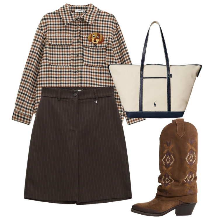Outfit donna - Novembre. Stile Boho per Ufficio. Abbinamento con camicie, stivali, bermuda, borse tote.