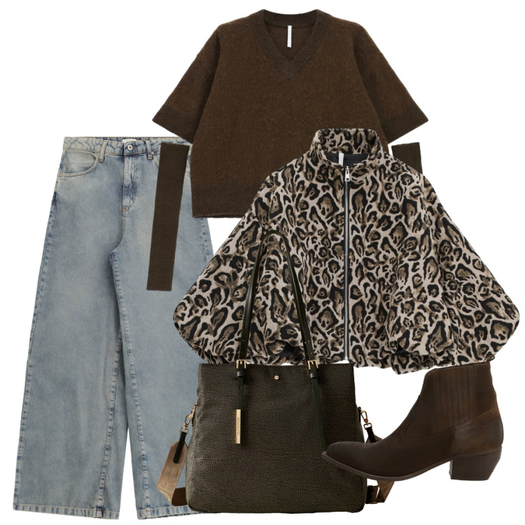 Outfit donna - Finesse. Stile Casual chic per Serata fuori. Abbinamento con bomber, maglieria, jeans, shopping bag, stivaletti.