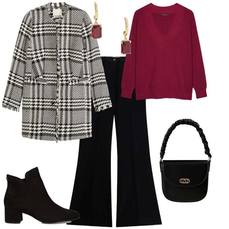 Outfit donna - Casual chic ogni giorno. Stile Casual chic per Tutti i giorni. Abbinamento con blazer, pantaloni, borse a mano, orecchini, maglieria, stivaletti.