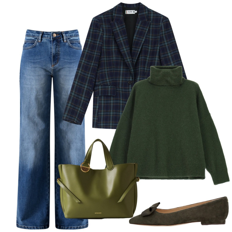 Outfit donna - Le ballerine verdi. Stile Casual chic per Ufficio. Abbinamento con blazer, jeans, maglieria, shopping bag, ballerine.