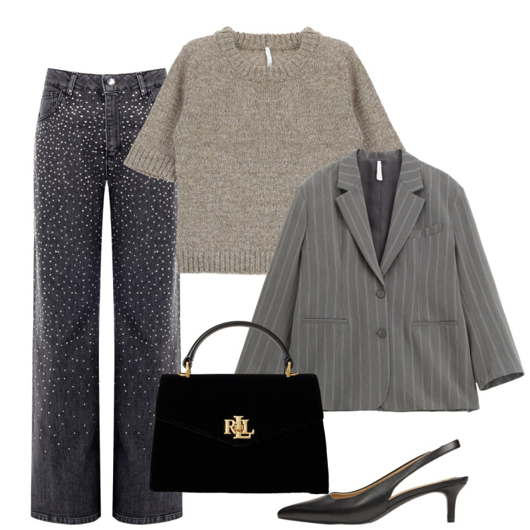 Outfit donna - Strass e gessato. Stile Casual chic per Tutti i giorni. Abbinamento con jeans, maglieria, blazer, décolleté, borse a mano.