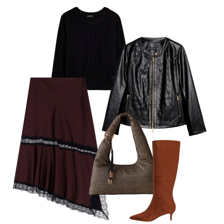 Outfit donna - Serata. Stile Chic per Serata fuori. Abbinamento con gonne lunghe, borse a spalla, maglieria, stivali, giacche.