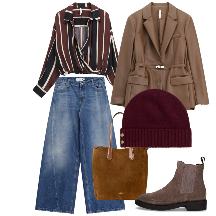 Outfit donna - Moderna e chic. Stile Casual chic per Tutti i giorni. Abbinamento con jeans, camicie, blazer, borse tote, berretti, stivaletti chelsea.