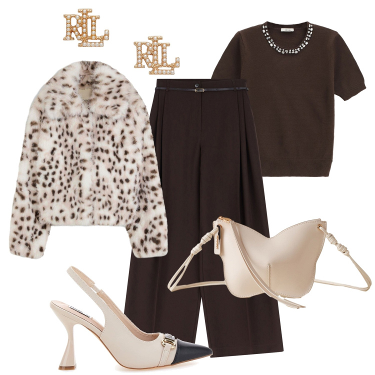 Outfit donna - Animalier delicato. Stile Chic per Serata fuori. Abbinamento con ecopellicce, pantaloni, borse a tracolla, maglieria, orecchini, décolleté.