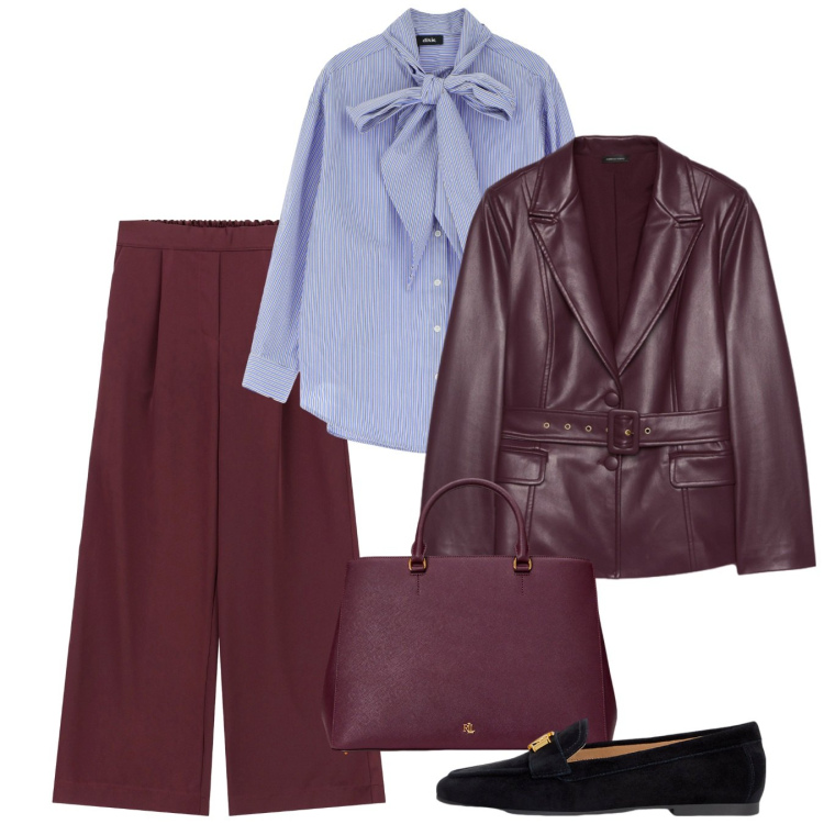 Outfit donna - Prugna. Stile Bon Ton per Ufficio. Abbinamento con pantaloni a palazzo, camicie, borse a mano, mocassini, blazer.