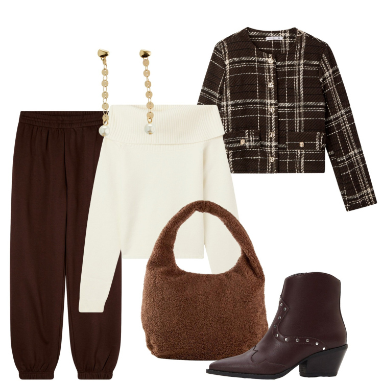 Outfit donna - Serata comoda. Stile Urban per Serata fuori. Abbinamento con stivaletti texani, shopping bag, orecchini, maglieria, blazer, pantaloni.