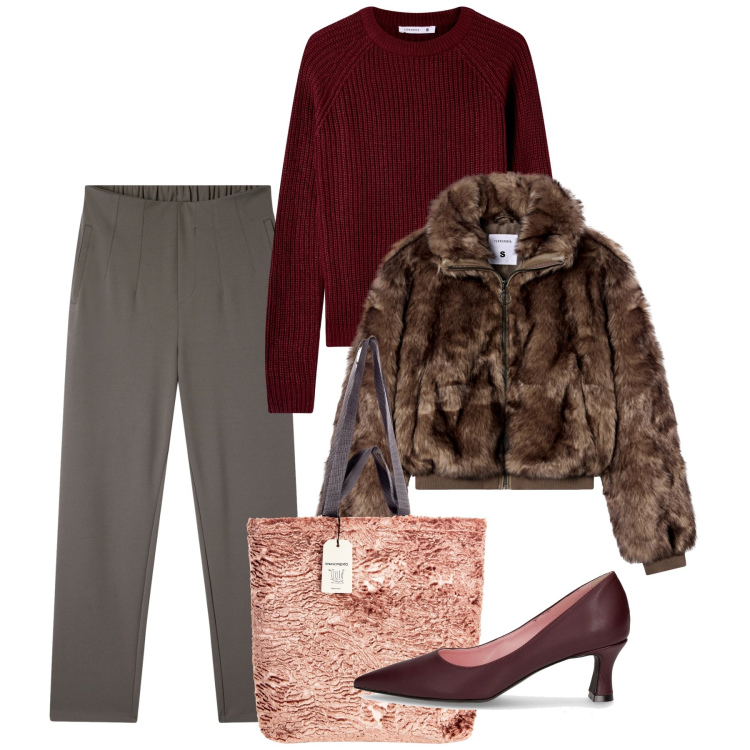 Outfit donna - Crazy furr. Stile Bon Ton per Tutti i giorni. Abbinamento con borse tote, maglieria, pantaloni chino, ecopellicce, décolleté.