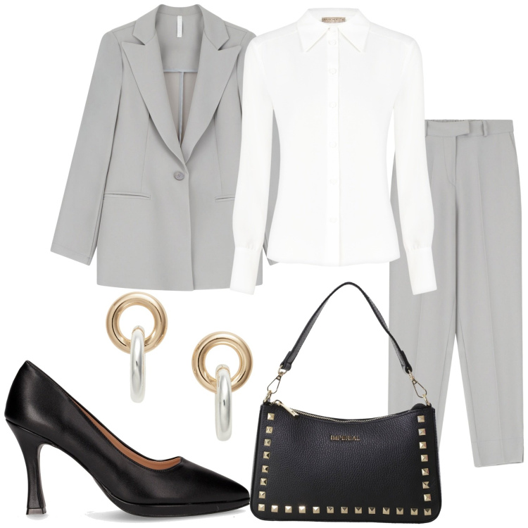 Outfit donna - Al lavoro. Stile Casual chic per Ufficio. Abbinamento con camicie, blazer, pantaloni, pochette, orecchini, décolleté.