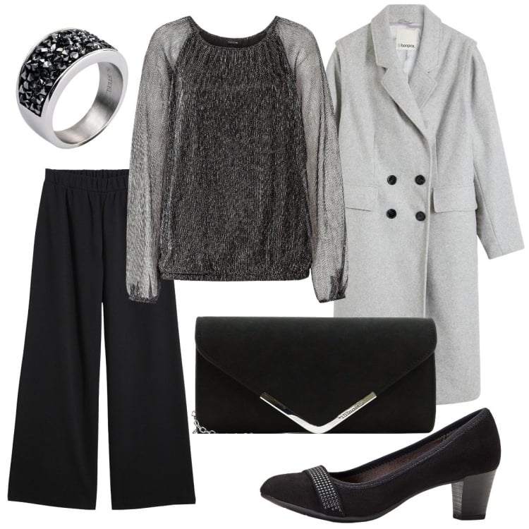 Outfit donna - Serata di festa. Stile Chic per Serata fuori. Abbinamento con maglieria, pantaloni, décolleté, cappotti, anelli, pochette.