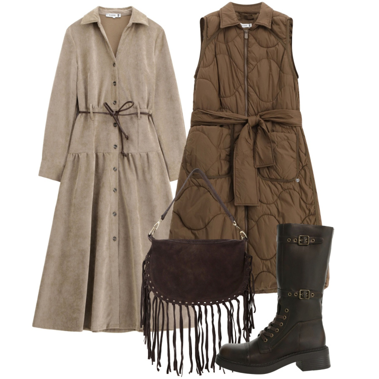 Outfit donna - Marrone di tendenza. Stile Chic per Tutti i giorni. Abbinamento con vestiti lunghi, blazer, stivali, borse a tracolla.