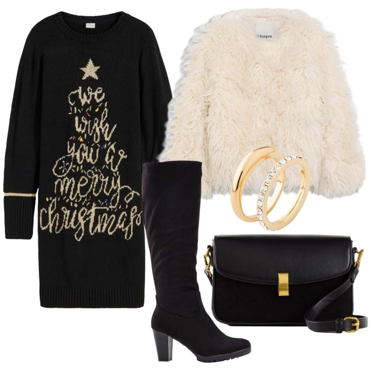 Outfit donna - Il miniabito per il tuo Natale. Stile Chic per Serata fuori. Abbinamento con ecopellicce, stivali, vestiti, anelli, borse a mano.